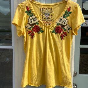 Johnny Was JW Los Angeles L Yellow Embroiderd Short Sleeve floral top